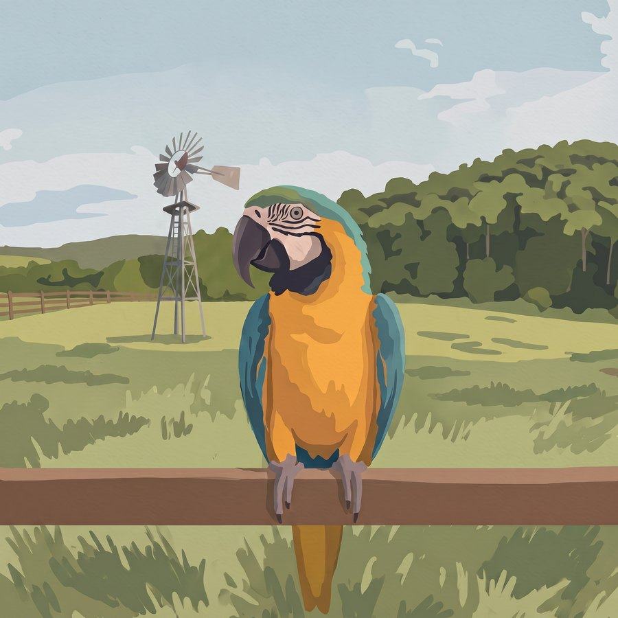 A arara colorida da Fazendinha Azul
