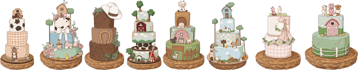 Oito bases de bolo com tema de fazendinha, em ilustração: andares com vaquinha, celeiro, chapéu de palha, moinho, cerquinha e animais de açúcar, cada uma na sua base de palha